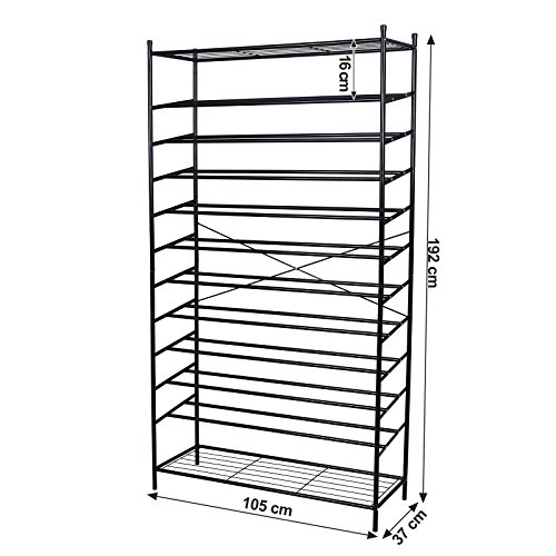 SONGMICS Estantería para Calzados 12 Niveles Zapatero metálico Lacado Negro 105 x 192 x 37 cm RTG01H