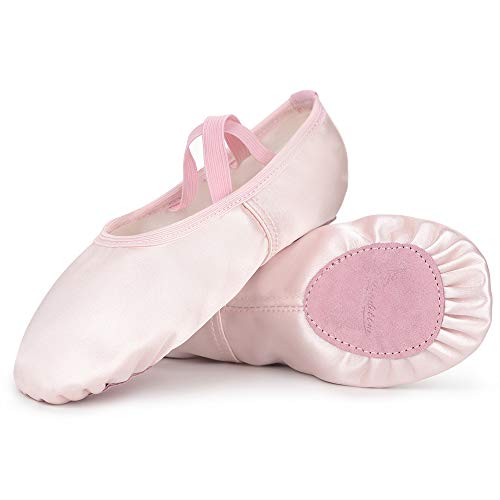 Soudittur Zapatillas de Ballet Satén -Media Punta Calzado de Danza para Niña y Mujer Adultos Suela Partida de Cuero Rosa Tallas 29 (Elija Un Tamaño Más Grande)
