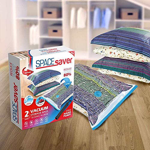 SPACESAVER Bolsas de Almacenamiento de vacío Premium. ¡80% más de Almacenamiento! ¡Bomba Manual para Viajar! Doble-Zip Seal y Triple Seal Turbo-Valve para un Ahorro máximo de Espacio.