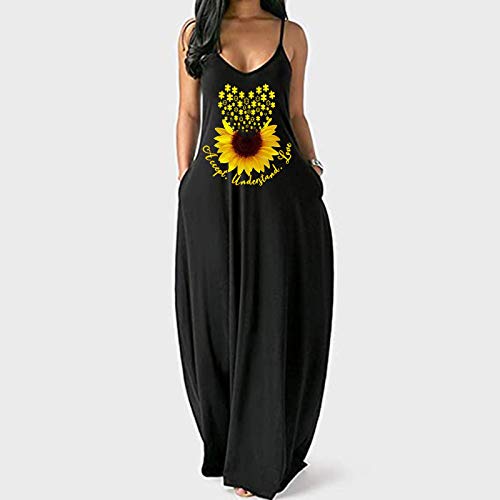 Spritumn-Home Vestido Largo de Tirantes con Estampado de Flores Vestido Largo Mujer Verano con Cuello en V Talla Grande Casual Vestido Largo de Playa
