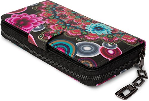 styleBREAKER Monedero con Motivo de Flores étnicas y floración, diseño Vintage, Cremallera, Mujeres 02040040, Color:Negro-Rojo-Fucsia