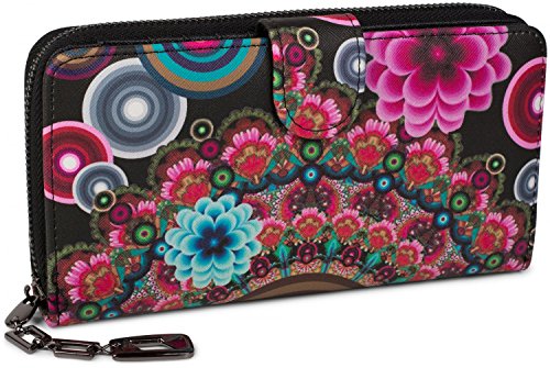 styleBREAKER Monedero con Motivo de Flores étnicas y floración, diseño Vintage, Cremallera, Mujeres 02040040, Color:Negro-Rojo-Fucsia
