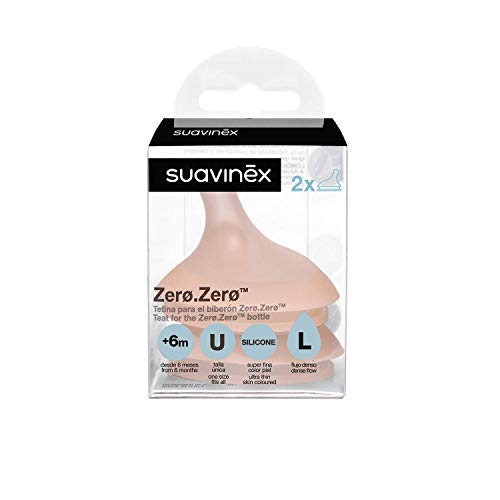 Suavinex Pack Tetina Biberón Zero-Zero Anticólicos, Flujo Denso (L), 2 unidades, +6 meses