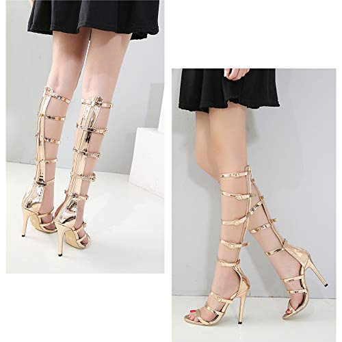 SUKDO Sandalias De Tacón De Aguja De Cuero para Mujer, Correa Dorada De Verano Hebilla Gladiador Sandalias De Tacón Alto Sandalia Romana con Cremallera Botas De Sandalia De Rodilla,Oro,EU38