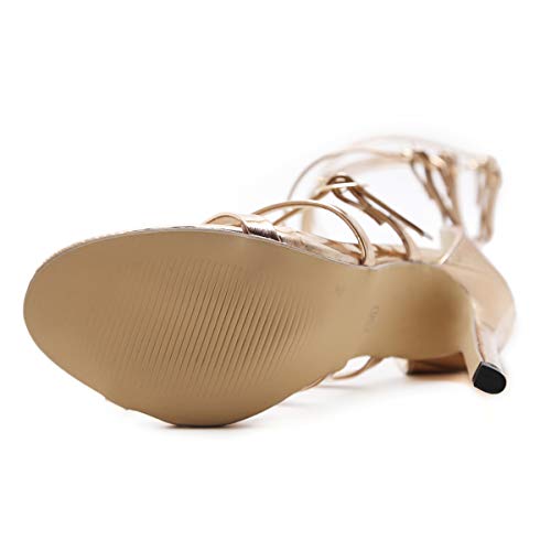 SUKDO Sandalias De Tacón De Aguja De Cuero para Mujer, Correa Dorada De Verano Hebilla Gladiador Sandalias De Tacón Alto Sandalia Romana con Cremallera Botas De Sandalia De Rodilla,Oro,EU38