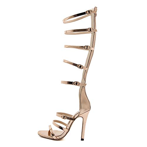 SUKDO Sandalias De Tacón De Aguja De Cuero para Mujer, Correa Dorada De Verano Hebilla Gladiador Sandalias De Tacón Alto Sandalia Romana con Cremallera Botas De Sandalia De Rodilla,Oro,EU38