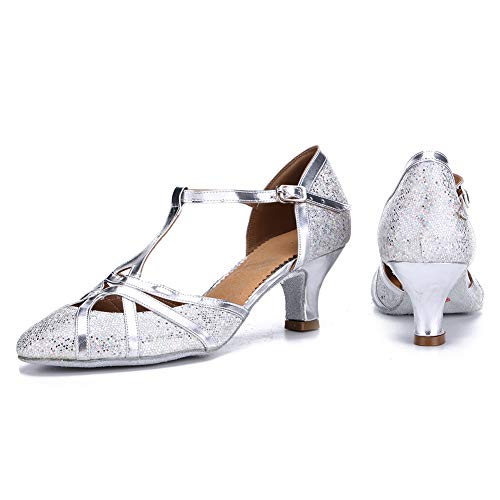 SWDZM Mujer Zapatos de Baile,estándar de Zapatos de Baile Latino Ballroom,Tacón-1.97'',Modelo-ES-511 Plateado 39 EU/25.5CM