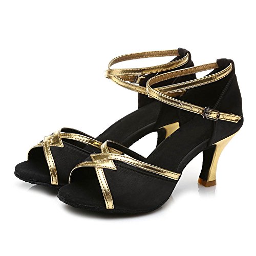 SWDZM Mujer Zapatos de baile/estándar de Zapatos de baile latino Satén Ballroom modelo-ES-225 Negro 38.5 EU