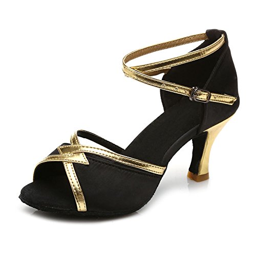 SWDZM Mujer Zapatos de baile/estándar de Zapatos de baile latino Satén Ballroom modelo-ES-225 Negro 38.5 EU
