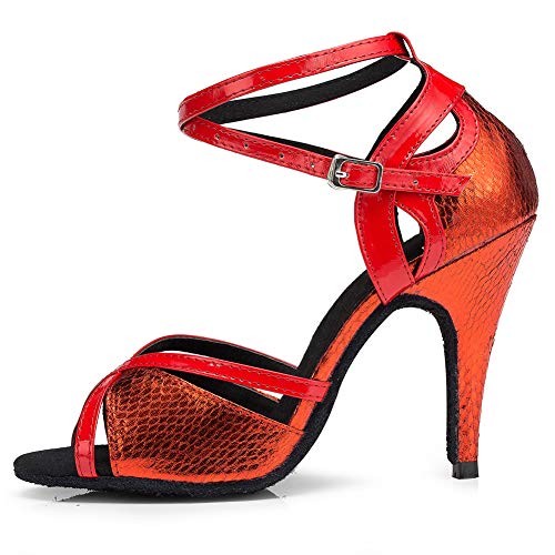 SWDZM Zapatos Baile Latinos Mujer,Zapatos Baile Latino,Salsa,Ballroom modelo-L035, Tacón 3.35'', Rojo 36EU
