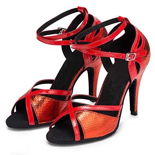 SWDZM Zapatos Baile Latinos Mujer,Zapatos Baile Latino,Salsa,Ballroom modelo-L035, Tacón 3.35'', Rojo 36EU