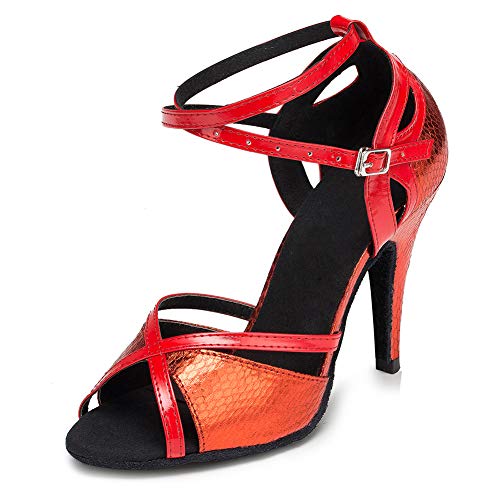 SWDZM Zapatos Baile Latinos Mujer,Zapatos Baile Latino,Salsa,Ballroom modelo-L035, Tacón 3.35'', Rojo 36EU