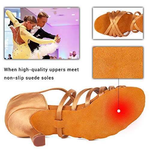 SWDZM Zapatos para Baile Latino Mujer,Salsa Tango Samba Bachata estándar de Zapatos,Seda,Tacón-2.76'',Marrón,37EU/23.3CM