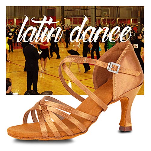 SWDZM Zapatos para Baile Latino Mujer,Salsa Tango Samba Bachata estándar de Zapatos,Seda,Tacón-2.76'',Marrón,37EU/23.3CM