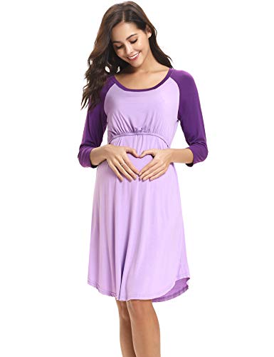 Sykooria Camisón de Lactancia para Mujer, camisón de Maternidad de Manga Larga Camisón de Trabajo para Hospital y hogar