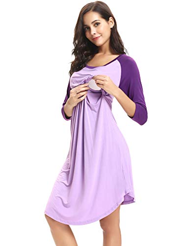 Sykooria Camisón de Lactancia para Mujer, camisón de Maternidad de Manga Larga Camisón de Trabajo para Hospital y hogar