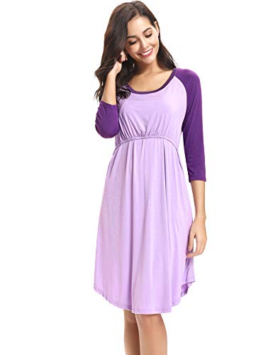 Sykooria Camisón de Lactancia para Mujer, camisón de Maternidad de Manga Larga Camisón de Trabajo para Hospital y hogar