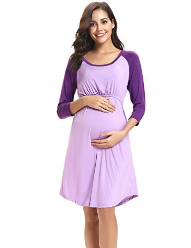 Sykooria Camisón de Lactancia para Mujer, camisón de Maternidad de Manga Larga Camisón de Trabajo para Hospital y hogar