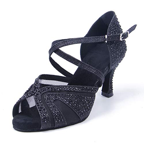 Syrads Zapatos de Baile Latino para Mujer Salsa Tango Bachata Vals con Pedrería Zapatos de Baile de Salón Suela Blanda 1050