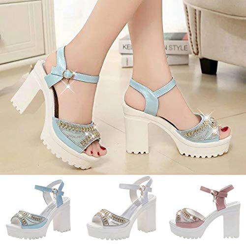 Tacones Altos Sexy 8 Cm Sandalias con Punta Abierta Mujer Verano 2019 con Plataforma Tallas Grandes Blanco Sandalias CuñAs Mujer para Vestir Zapatos Tacón Ancho con Hebilla POLP