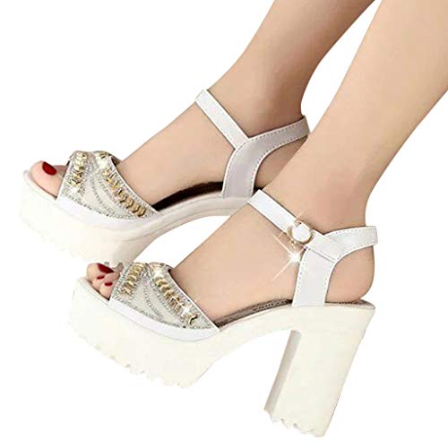 Tacones Altos Sexy 8 Cm Sandalias con Punta Abierta Mujer Verano 2019 con Plataforma Tallas Grandes Blanco Sandalias CuñAs Mujer para Vestir Zapatos Tacón Ancho con Hebilla POLP