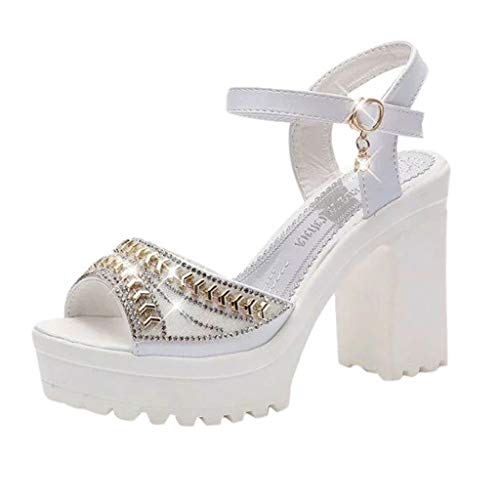 Tacones Altos Sexy 8 Cm Sandalias con Punta Abierta Mujer Verano 2019 con Plataforma Tallas Grandes Blanco Sandalias CuñAs Mujer para Vestir Zapatos Tacón Ancho con Hebilla POLP