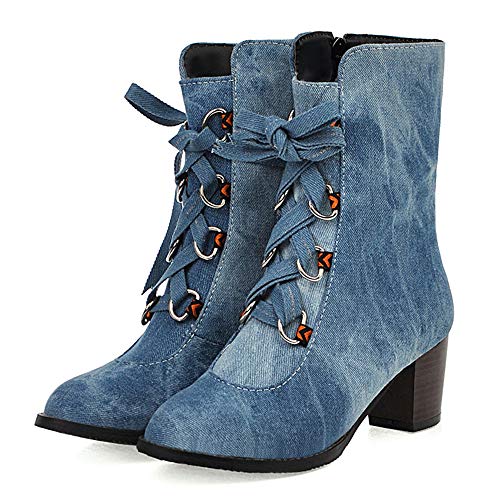 TAONEEF Mujer Tacón Grueso Botas de Caña Baja con Cordones Vaquero Botas Cortas Oficina Otoño Botines Altas Tianlanse Talla 39 Asian