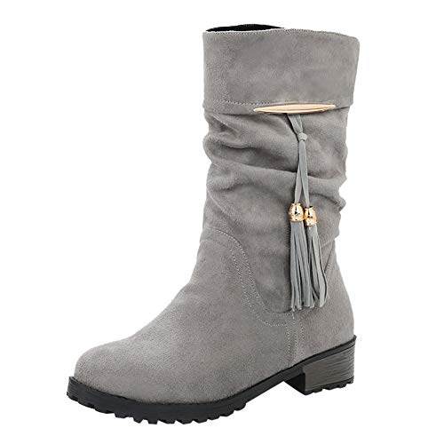 Tefamore Botas Mujer Invierno Tacon Botas Altas Botines Zapatos con Aumento de Borla Round Toe Flat Tube Boots Botas de Nieve Zapatos Planos