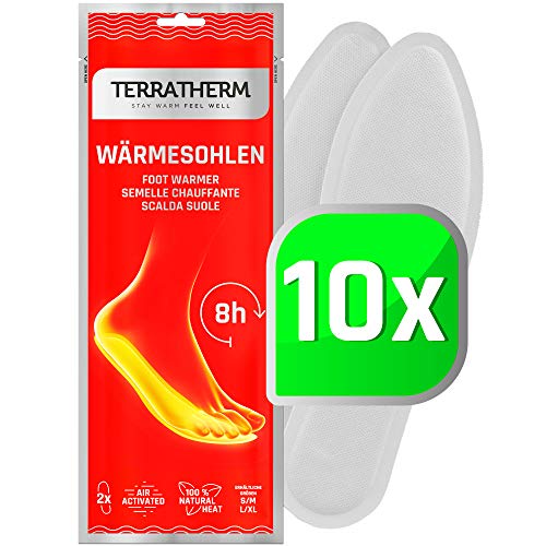 TerraTherm Plantillas Calentadoras - 10 Pares L, calientapiés, Almohadillas térmicas, 100% Calor Natural, Almohadillas térmicas con Forma de Plantillas para 8 Horas de pies Calientes