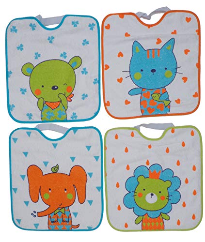 Ti TIN - Pack 4 Baberos Impermeables para Bebé con Cierre con Goma 90% Algodón - 10% Poliéster |Lote de 4 Baberos para Bebés de Más de 1 Año, 32x36 cm