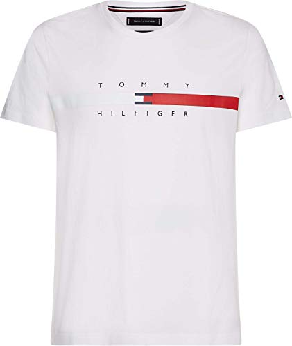 Tommy Hilfiger Global Stripe Chest tee Camiseta, Blanco, S para Hombre