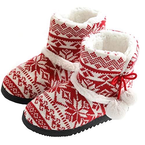 tqgold® Zapatillas de Estar por Casa Mujer Bota Pantuflas Cerradas Invierno Interior Antideslizante Suaves Peluche Bootie Rojo Talla 37 38