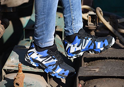 tqgold Zapatillas de Seguridad para Hombre Mujer, Zapatos de Trabajo con Punta de Acero (Azul,44 EU)