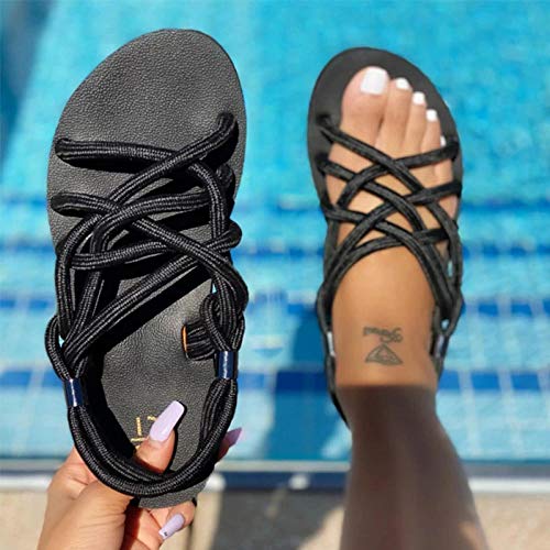 Trenzado Moda Pisos Sandalia Cómodo Zapatos De Playa Primavera Mujeres Sandalias De Cuerda Zapatos Lindos Casual Mujer Verano Playa Diapositivas Slip-on-Black_37