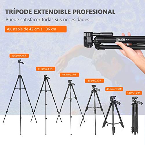 Trípode de Cámara 40.5-136cm, 5 en 1 Trípode Ligero de Aluminio, Trípode estándar de 1/4", Tripode Cámara Reflex y Trípode Plegable con Soporte de Móvil y Bolsa Portáil, TACKLIFE - MLT01