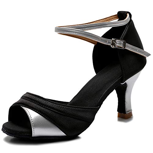 TROWARIAE-Zapatos de Baile Latino de Tacón Alto/Medio para Mujer Plata 41(Tacón 7cm)