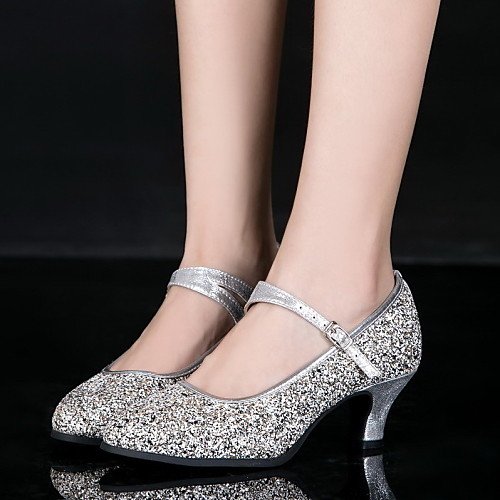 T.T-Q Zapatos de Baile de Mujer Zapatos de Charol de Cuero Tacón Cubano Principiante Plata Sandalias Latinas Salsa Jazz Tango Swing Practice Rendimiento Interior