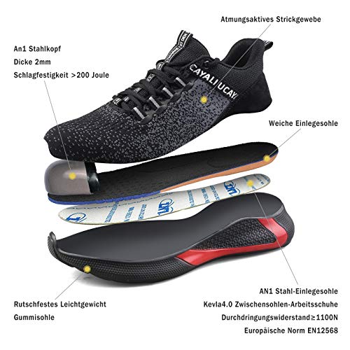 UCAYALI Zapatos de Seguridad Hombre Antideslizante Zapatillas de Trabajo con Puntera de Acero Ligeros Bambas de Seguridad Negro Gr.45