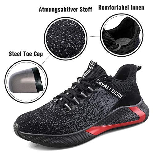 UCAYALI Zapatos de Seguridad Hombre Antideslizante Zapatillas de Trabajo con Puntera de Acero Ligeros Bambas de Seguridad Negro Gr.45