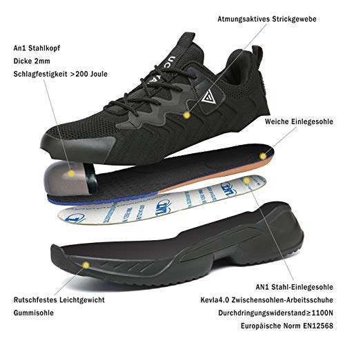 UCAYALI Zapatos de Seguridad Hombre Mujer Anti-Piercing Zapatos de Trabajo Punta de Acero Antideslizante Calzado Seguridad Deportivo Negro 104 Gr.39