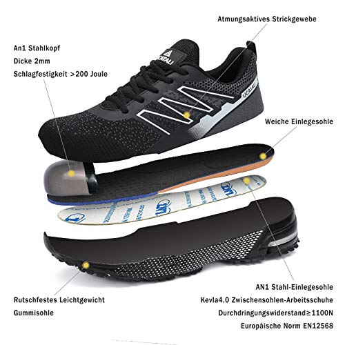 UCAYALI Zapatos de Seguridad Hombre Mujer Anti-Piercing Zapatos de Trabajo Punta de Acero Antideslizante Calzado Seguridad Deportivo Negro B Gr.42