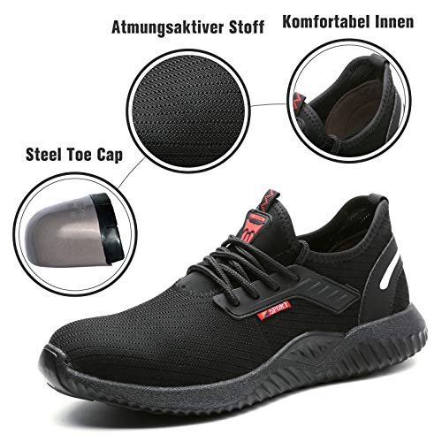 UCAYALI Zapatos Seguridad Hombre Calzado de Trabajo Ligeros Zapatos de Protección Antideslizante Anti Pinchazo Zapatos de Industria y Construcción Negro Oscuro Gr.45