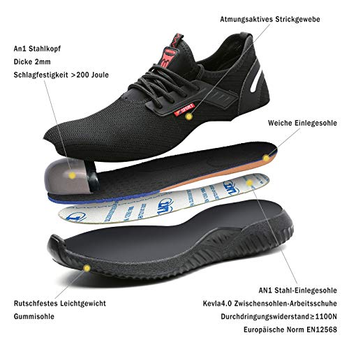 UCAYALI Zapatos Seguridad Hombre Calzado de Trabajo Ligeros Zapatos de Protección Antideslizante Anti Pinchazo Zapatos de Industria y Construcción Negro Oscuro Gr.45