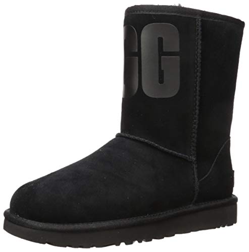 UGG Female Classic Short UGG Rubber Logo Classic Boot, Black, 7 (UK)