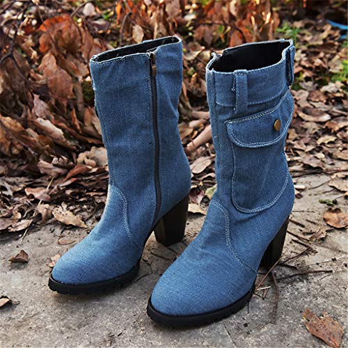 UMore Botas Mujer Botines de Vaquero Otoño Invierno Vintage Botines Mujer con Cordones Zapatos de Mujer Botas Cómodas de tacón Plano Cremallera Bota Corta Casual