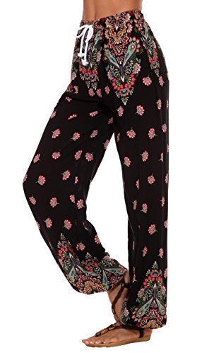 Urban GoCo Mujeres Casual Pantalones Harem Boho de Impreso Cintura de Cordón Pantalón (Medium, 10)