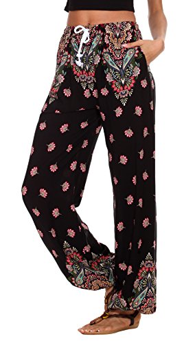 Urban GoCo Mujeres Casual Pantalones Harem Boho de Impreso Cintura de Cordón Pantalón (Medium, 10)