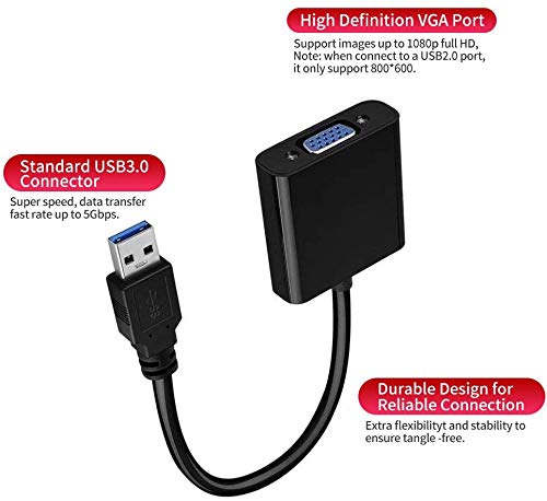 USB 3.0 to VGA Adapter, USB to VGA Video Adapter Converter, Multi Monitor Display, Display External Cable Adapter for PC Laptop Windows 10/8.1/8/7[Upgraded Version] (Black)