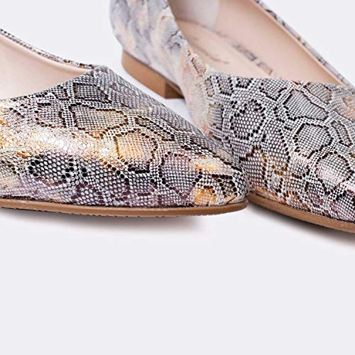 Valeria - Bailarinas Estampadas de Vestir para Mujer en Piel con Punta Fina Tacon 1 cm - Hechos en España - Moda Bailarinas Planas Elegantes - Serpiente Animal Print Gris & Oro - Gris 39 EU