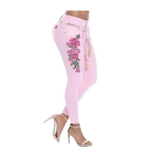 Vaqueros Sexis Ajustados con Bordado Floral para Mujer, Cintura Alta, elásticos, Talla Grande, Pantalones de Mezclilla Ajustados con cordón Estampado L